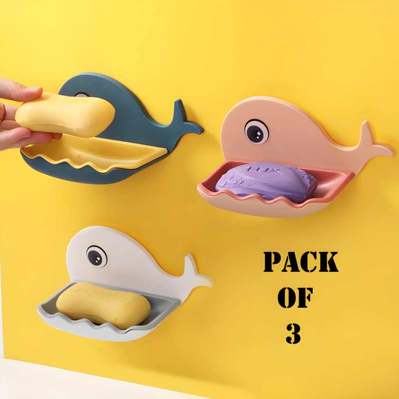 Pack Of 3 Fish-Shaped Double-Layer Adhesive Waterproof Soap Bar Holder